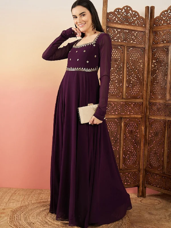 Purple Embroidered Fit & Flare Ethnic Dress empire Waist empire