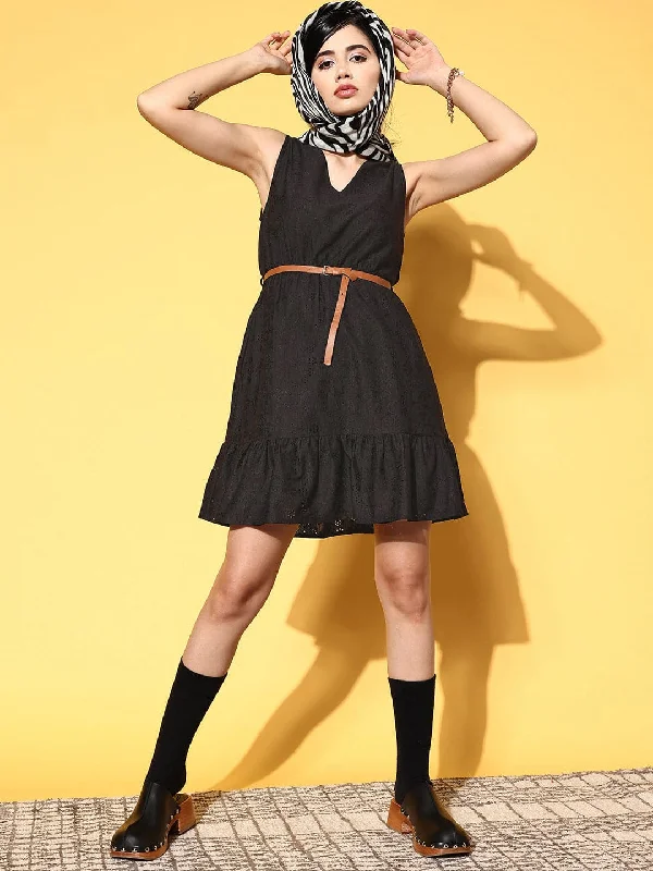 Women Black Schiffli V-Neck Frill Hem Belted Dress Boatneck Modish Everyday