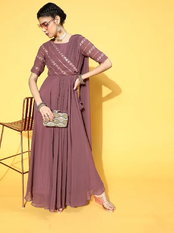 Mauve Georgette Partywear Self Design Dresses Tunics Formal black
