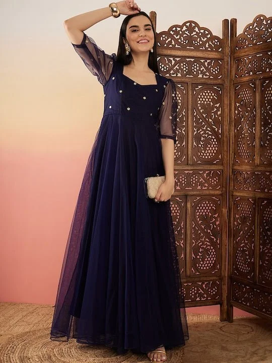 Navy blue Sequence Embellished Flared Maxi Ethnic Dresses Tunic Top Casual