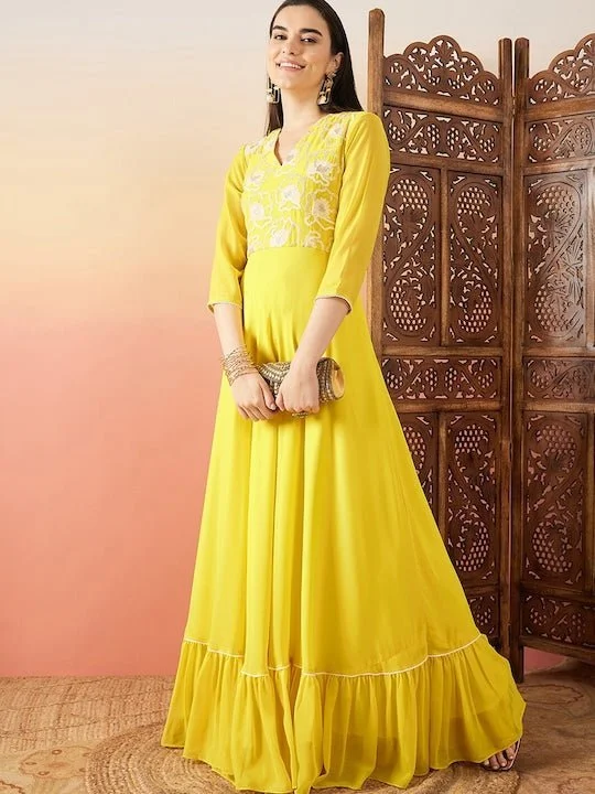 Yellow Sequence Embroidered Flared Maxi Ethnic Dresses Turtleneck Warm Winter