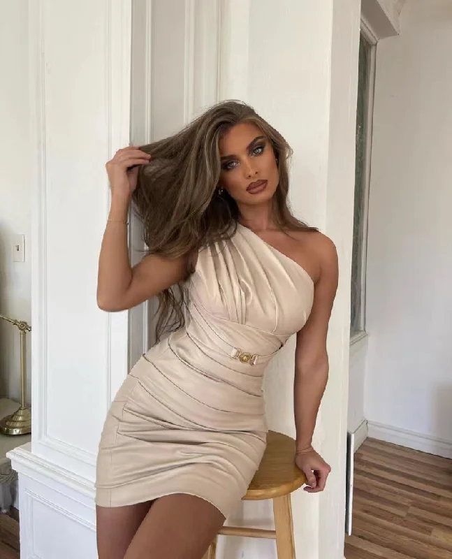 High Quality One Shoulder Celebrity Evening Party Elegant Club Party PU Leather Dress Tunics Chinos classic High Quality One Shoulder Celebrity Evening Party Elegant Club Party PU Leather Dress Tunics Chinos classic