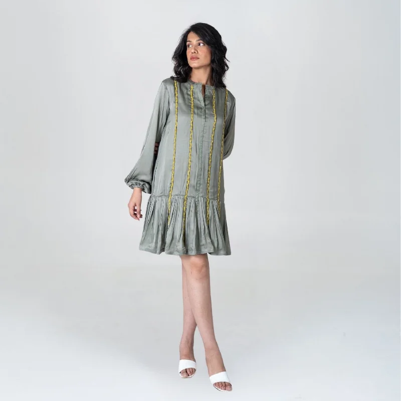 Green-Yellow Braided Short Gather Dress | Modal | Comfy Daywear Tunics Floral girly