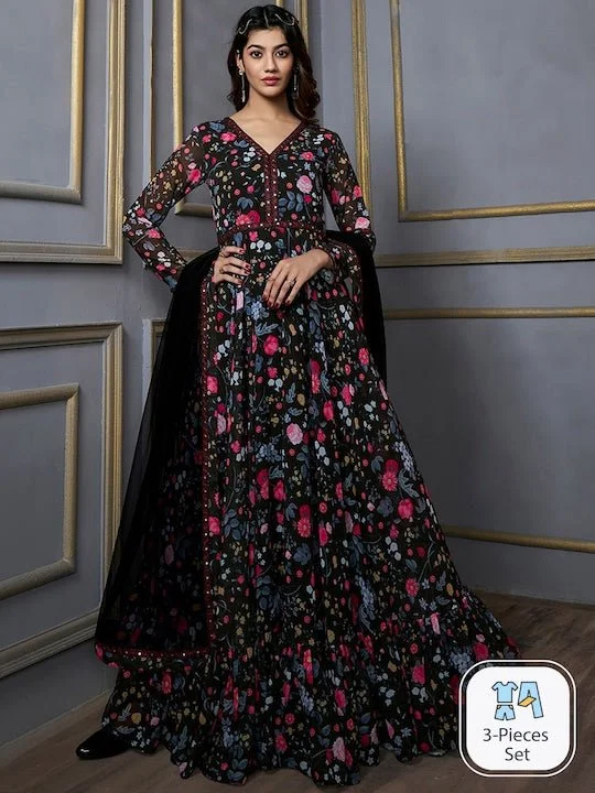 Floral Printed Fit & Flare Maxi Ethnic Dresses With Dupatta Tunics Spring floral