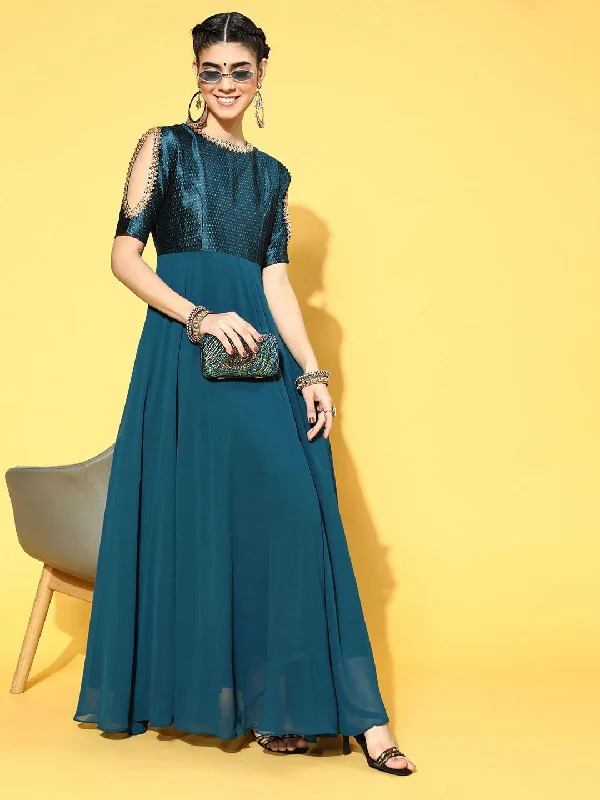 Teal Georgette Partywear Self Design Dresses Tunics Sophisticated sleek