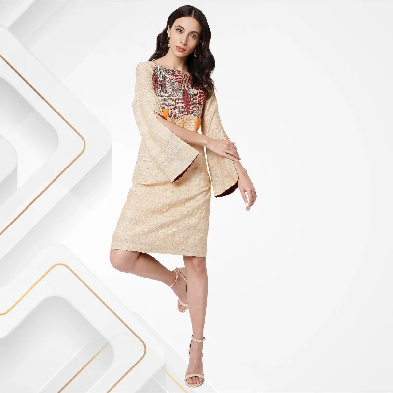 Leandra Tussar Silk Shift Dress | Sujani Hand-Embroidered | Sophisticated | Beige Tunics Silk luxurious Leandra Tussar Silk Shift Dress | Sujani Hand-Embroidered | Sophisticated | Beige Tunics Silk luxurious