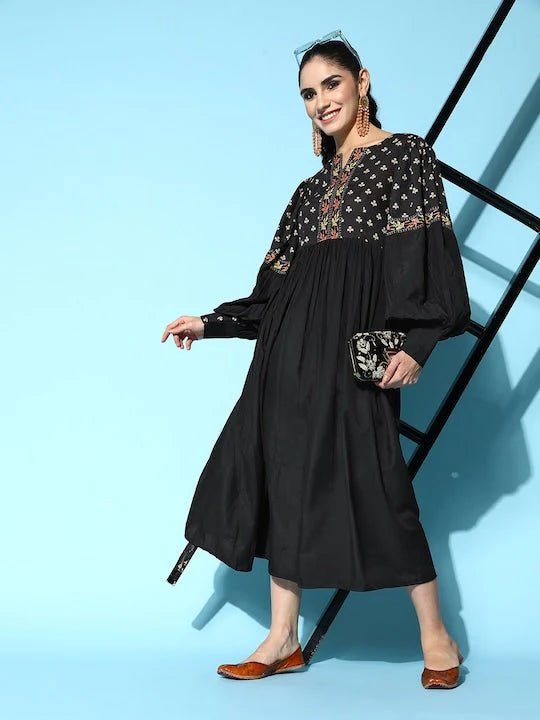 Black & Orange Floral Printed Midi Ethnic Dress Crew Neckline Casual