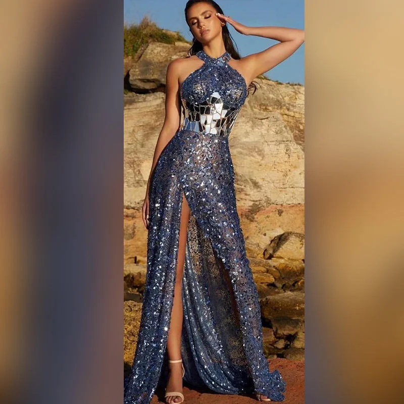 ED2310 Kimshein Luxury Halter Blue Sequin Off Shoulder Sleeveless High Slit Evening Party Gown Dress Elegant Tunics Chinos classic