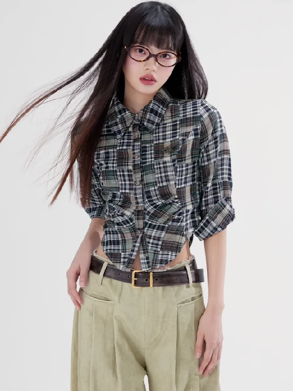 Pleated Mid-sleeve U-shaped Hem Plaid Shirt WOO0089-- Fashionable Trendy Casual