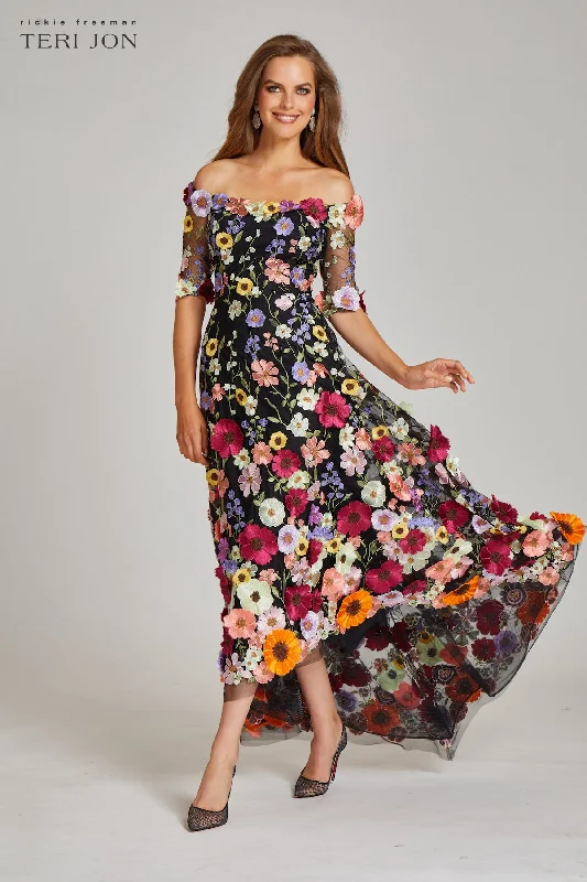 Off the Shoulder Floral Appliqued Lace High Low Dress Tunics Bridal satin