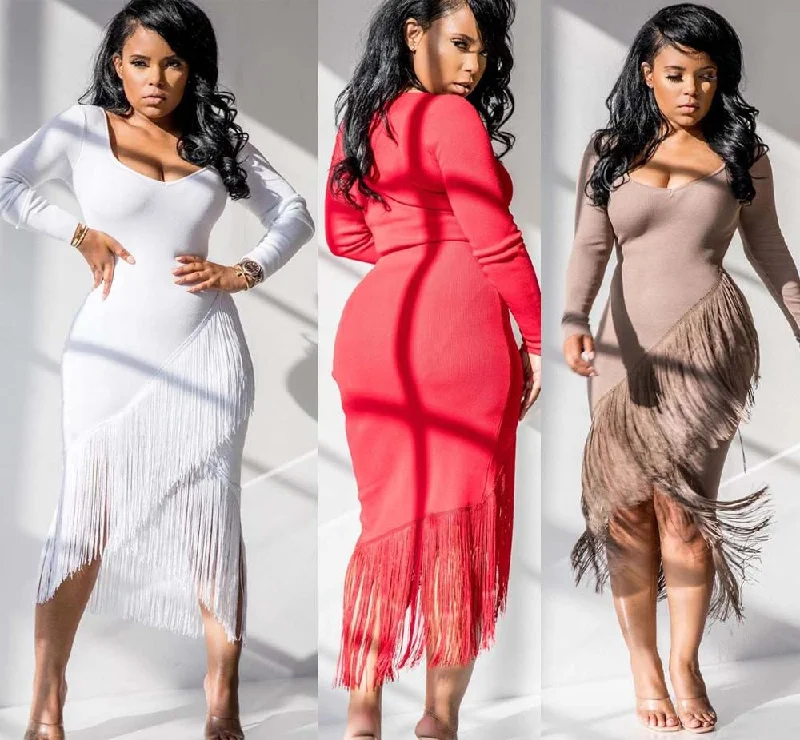 elegant lady irregular long sleeve slim tight bodycon fringe tassel club dress Tunics Running lightweight