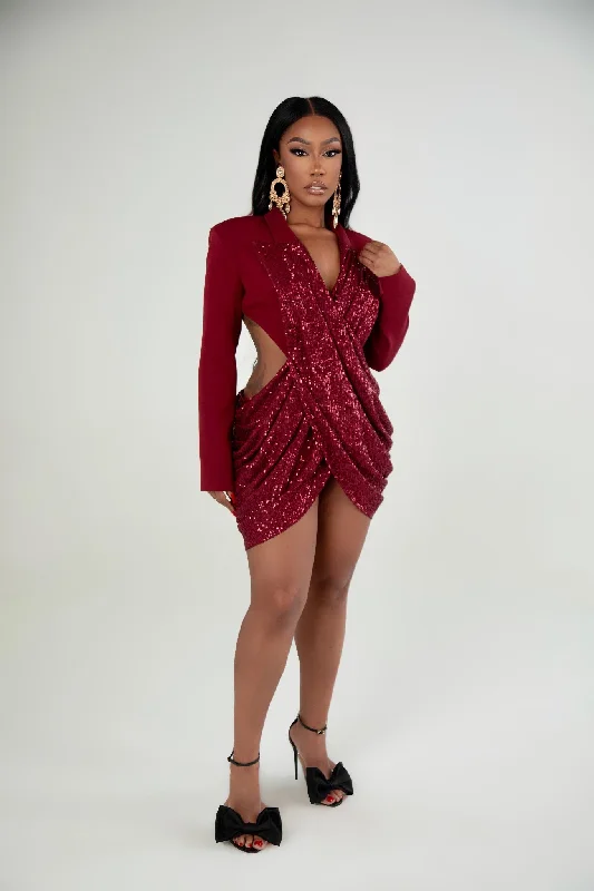 Bianca Burgundy Sequin Backless Dress Elegant Long Evening
