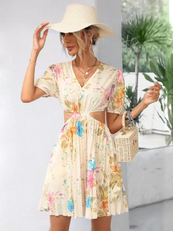 Floral Print Short A Line Cutout Dress Tunics Versatile stylish