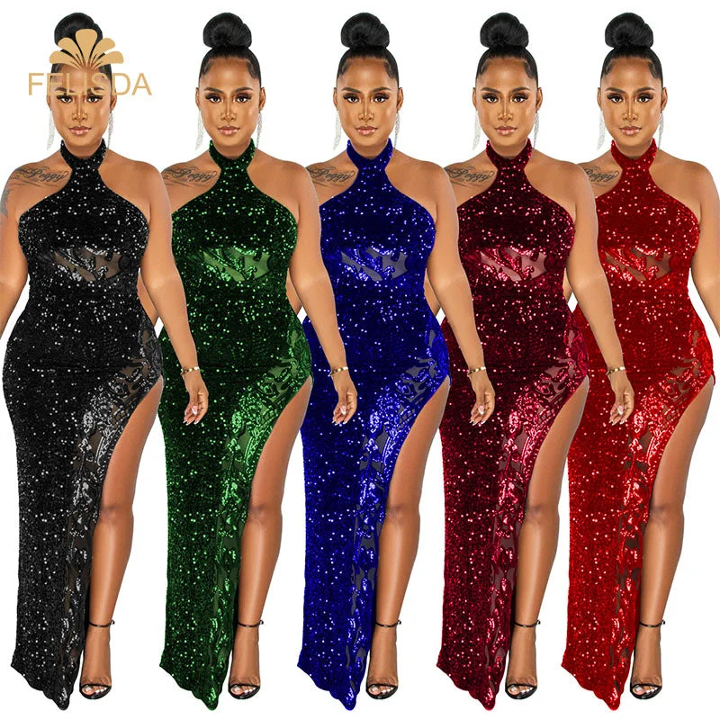 Sexy Sequins Sheer Mesh Evening Party Club Long Dress Outfits Women Vestidos Elegant Halter Backless High Split Casual Dresses Maxi Flowy Bohemian Sexy Sequins Sheer Mesh Evening Party Club Long Dress Outfits Women Vestidos Elegant Halter Backless High Split Casual Dresses Maxi Flowy Bohemian