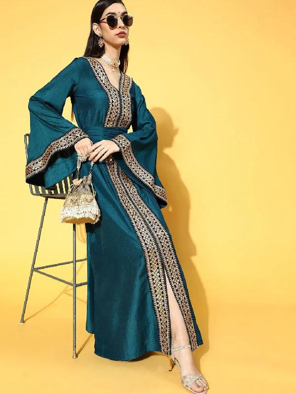 Teal Poly Silk Partywear Ethnic Motifs Dresses Tunics Stylish modern