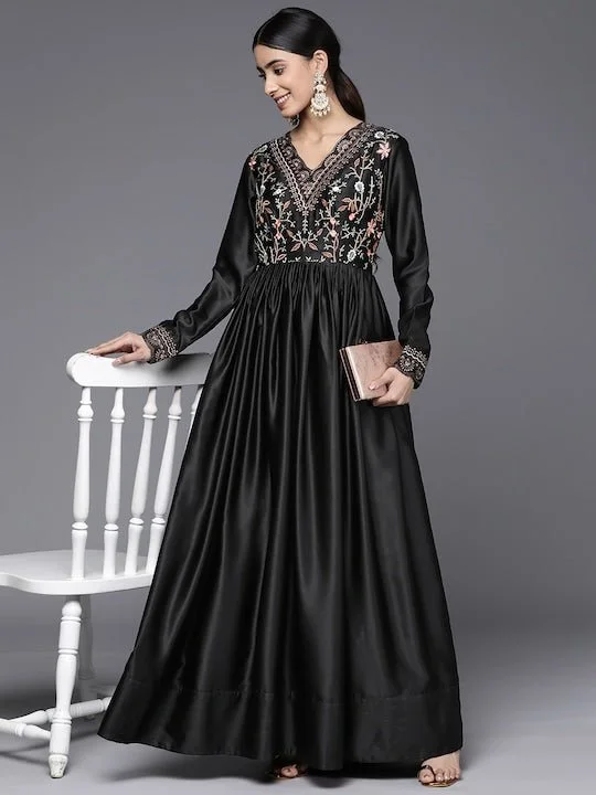Floral Thread Work Embroidered Satin Maxi Ethnic Dress Bodycon Club Sequined