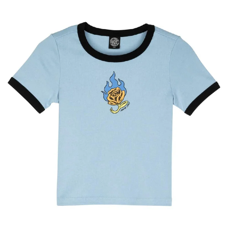 Santa Cruz Womens T-Shirt Lucky Rose Ringer T-Shirt - Crystal Blue / Black-- Spandex Blend Rayon Blend Denim Blend