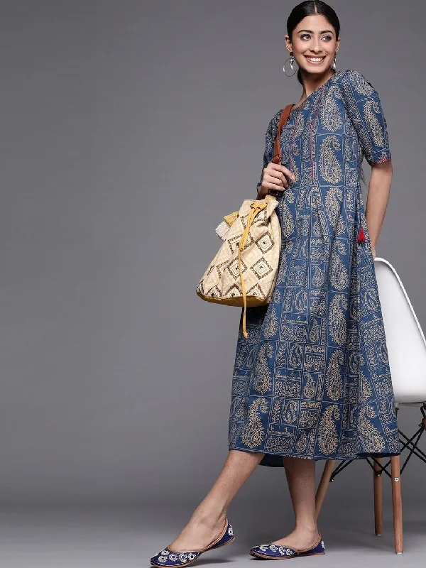 Navy Blue Cotton Casual Wear Printed Dress Tunics Prom sequined
