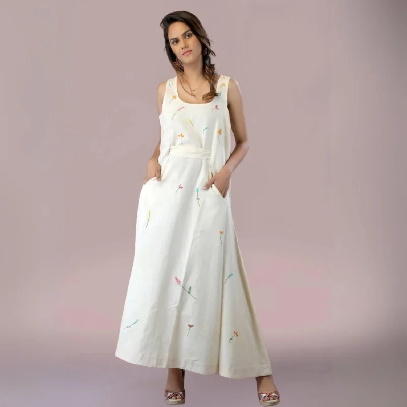 B'Creamy Affair A-Line Cotton Dress | Floral Embroidery | Incut Pocket | Off-White Tunics Sophisticated sleek B'Creamy Affair A-Line Cotton Dress | Floral Embroidery | Incut Pocket | Off-White Tunics Sophisticated sleek