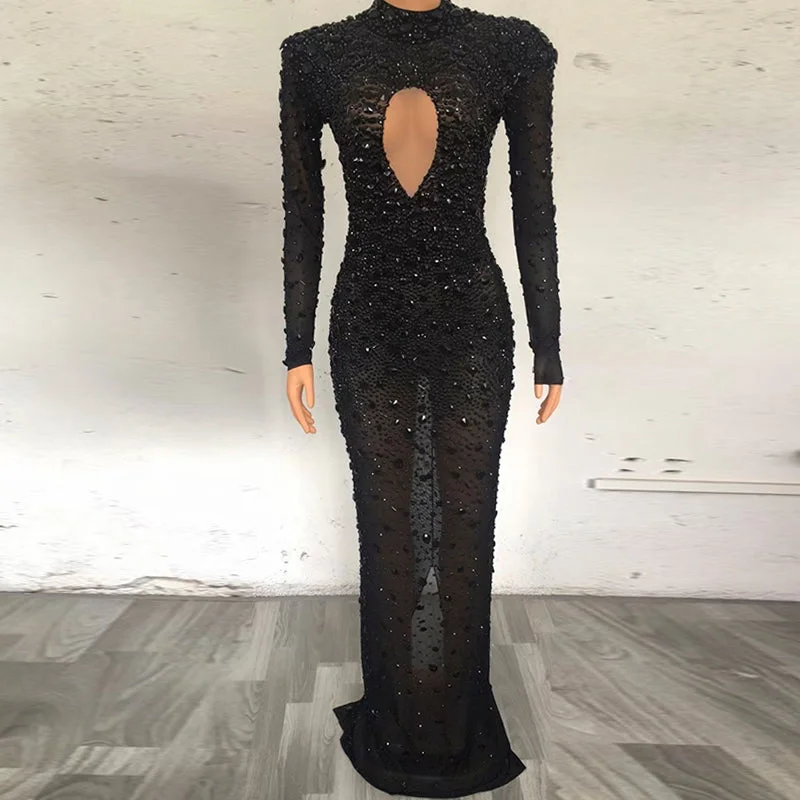 AD1307 Kimshein Vestidos De Elegant Dress For Women Full Sleeve Mesh Hollow Out Long Rhinestone Dress Evening Dinner Party Crew Neckline Casual