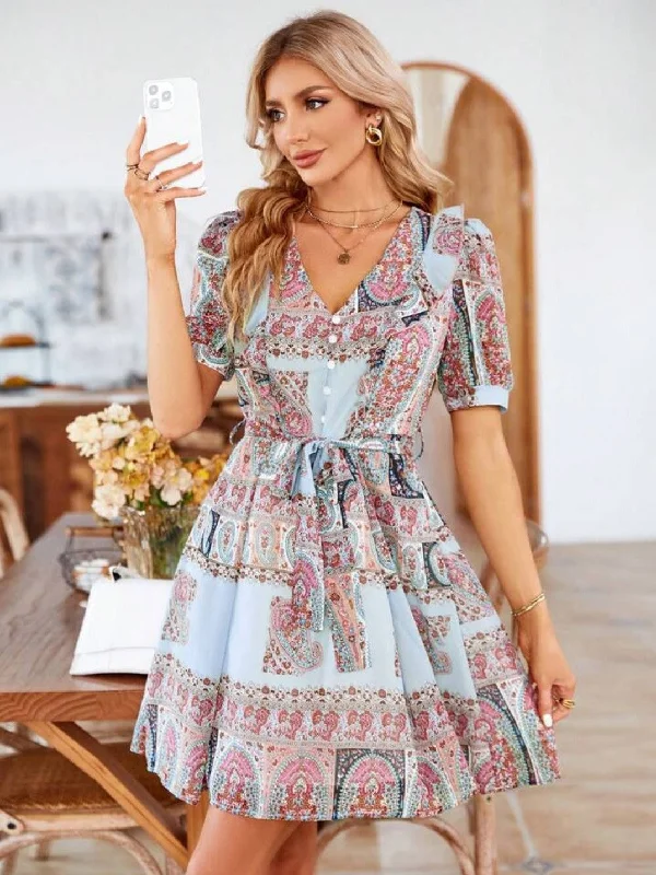 Vintage Print Puff Sleeve Dress Tunics Prom sequined
