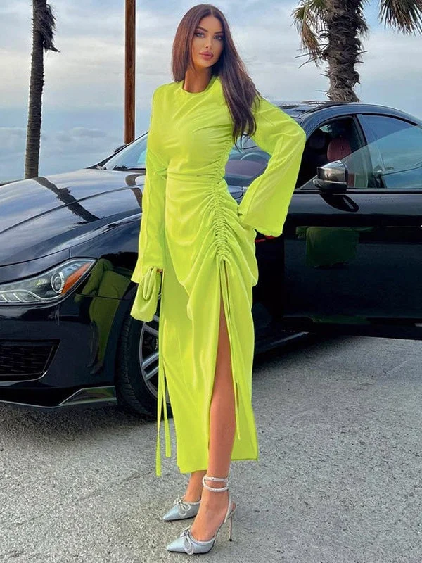 Side Pleated Slit Slim Fitting Round Neck Dress Tunic Top Casual