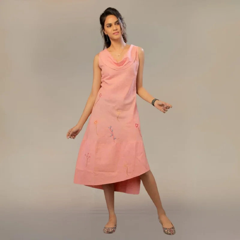 Oriental Poppy Cowl Collar Dress | Asymmetric | Embroidered | Peach Tunics Fashionable chic Oriental Poppy Cowl Collar Dress | Asymmetric | Embroidered | Peach Tunics Fashionable chic