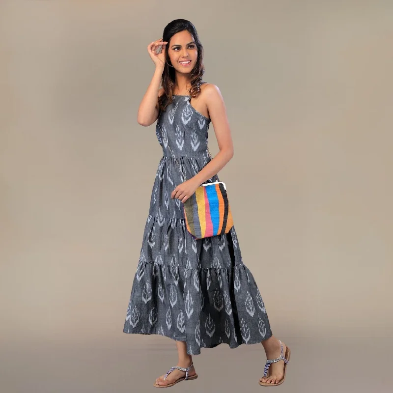 Women Ikat Cotton Tier Dress | Hand Crafted | Comfortable Day Dress | Grey Pencil Office Professional Women Ikat Cotton Tier Dress | Hand Crafted | Comfortable Day Dress | Grey Pencil Office Professional