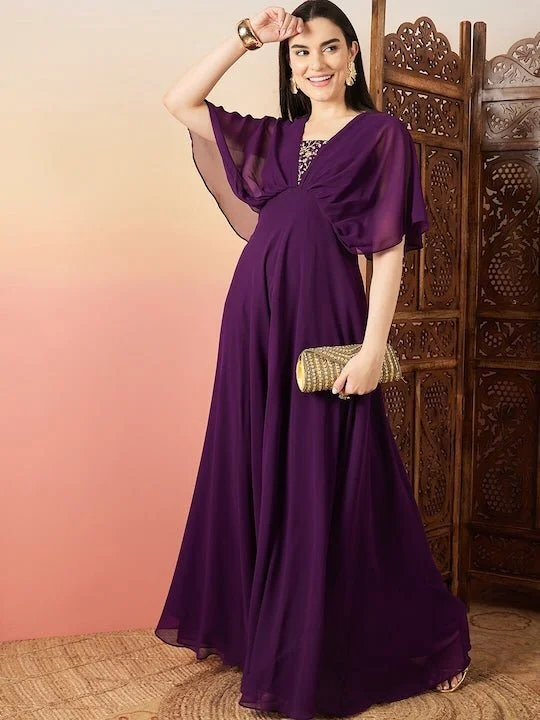 Purple Sequinned Flared Sleeves Georgette Maxi Ethnic Dresses Off-the-shoulder Chic Trendy