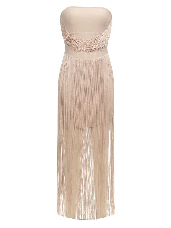Gemma Strap Asymmetrical Hem Tasseled Long Dress Bodycon Club Sequined