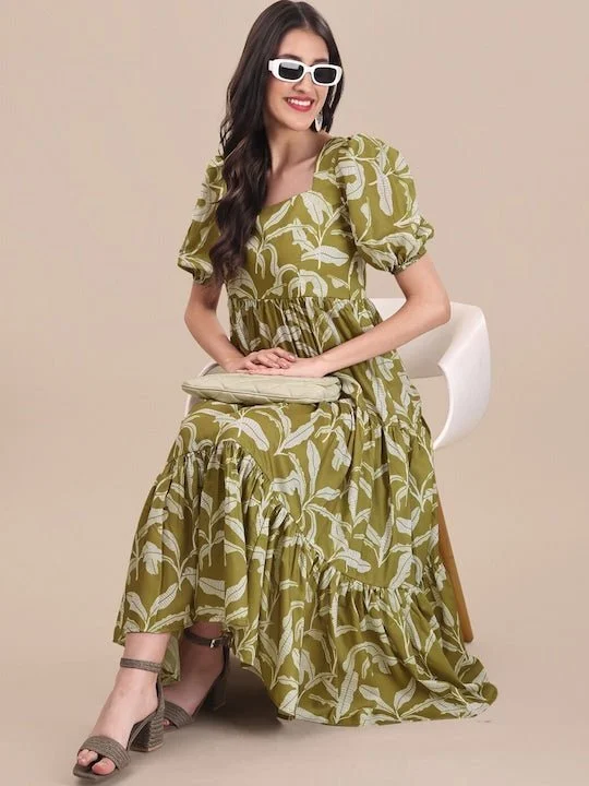 Green Floral Printed Fit And Flare Puff Sleeves Tiered Ethnic Dresses Tunics Chic elegant Green Floral Printed Fit And Flare Puff Sleeves Tiered Ethnic Dresses Tunics Chic elegant