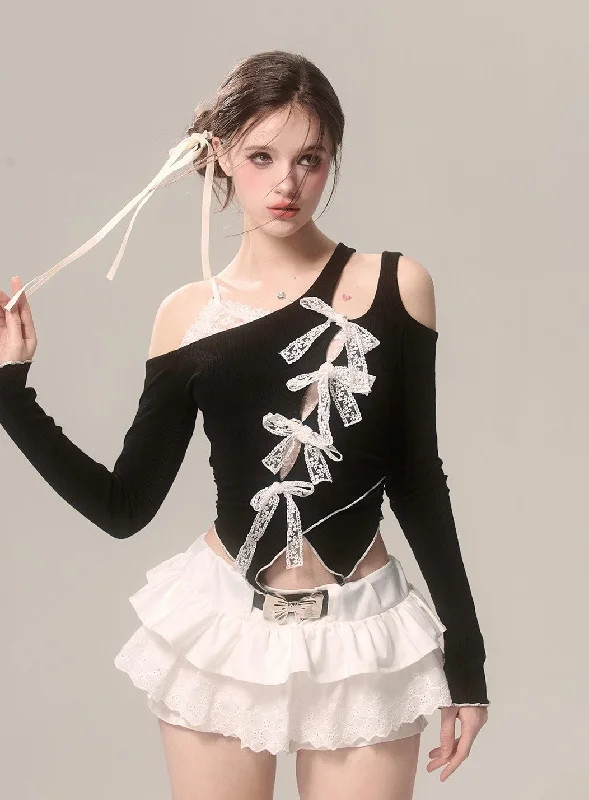 Off Shoulder Lace Fake Two Piece Bow Long Sleeve T-Shirt DIA0074-- Plaid T-Shirt Polka Dot Checkered Off Shoulder Lace Fake Two Piece Bow Long Sleeve T-Shirt DIA0074-- Plaid T-Shirt Polka Dot Checkered