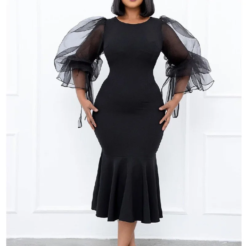 S327Q  Mesh stitching fishtail fashion large size hip dress Square Neckline Feminine