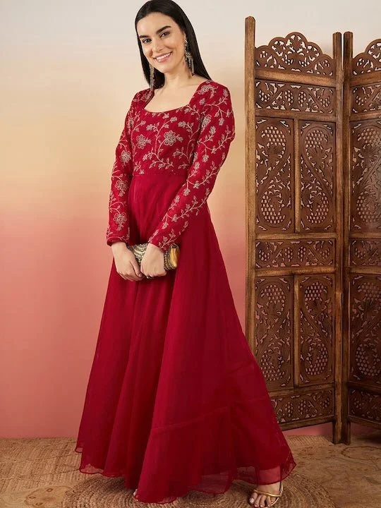 Red Floral Embroidered Flared Maxi Ethnic Dresses Tunics Mesh breathable