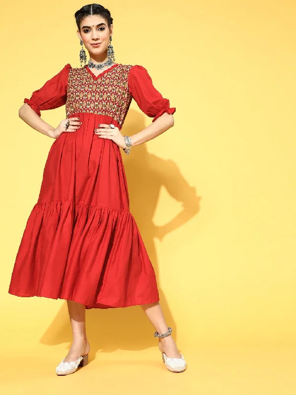 Red Cotton Partywear Ethnic Motifs Dresses Tunics Summer linen