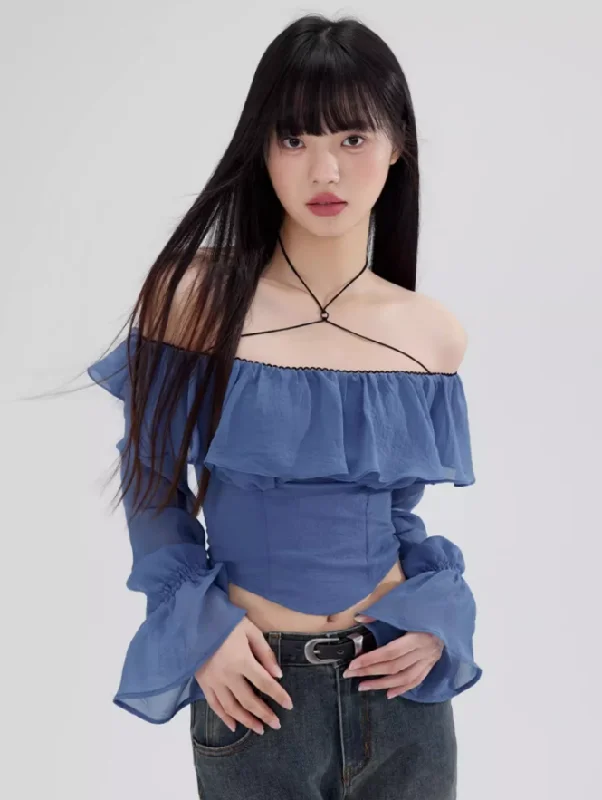 One-line Collar Lace Decorative Ruffled Chiffon Shirt WOO0085-- Ribbed Striped Patterned One-line Collar Lace Decorative Ruffled Chiffon Shirt WOO0085-- Ribbed Striped Patterned