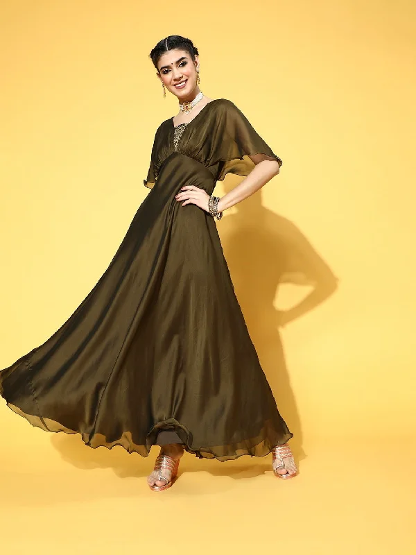 Olive Poly Silk Partywear Solid Dresses Bodycon Club Sequined
