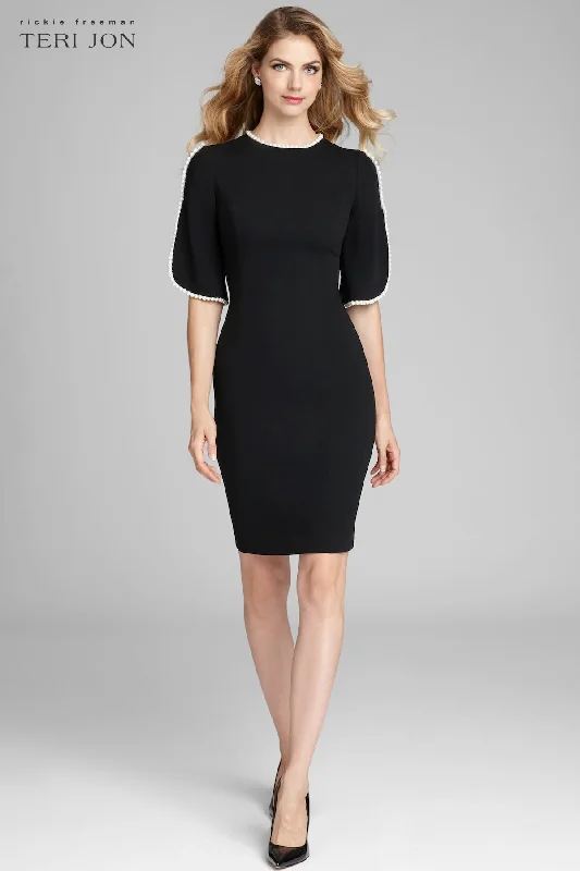 Short Sleeve Pearl Trim Crepe Sheath Dress Tunics Occasion special
