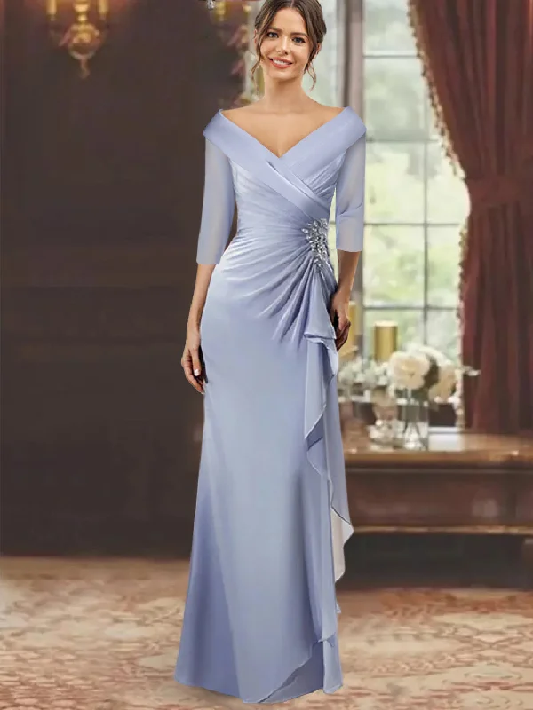 Sheath/Column V-Neck Half Sleeves Floor-Length Mother of the Bride Dresses with Ruffles & Appliques Tunics Office stylish