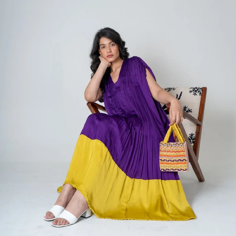 Purple-Yellow Color-Blocked Dress | Stylish Formal And Casual Wear Tunics Yoga stretchy