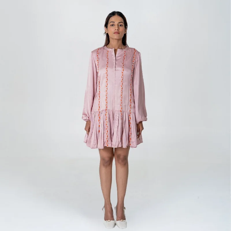 Pink-Orange Braided Short Gather Dress | Modal | Monochrome Elegance Tunics Long Elegant Pink-Orange Braided Short Gather Dress | Modal | Monochrome Elegance Tunics Long Elegant