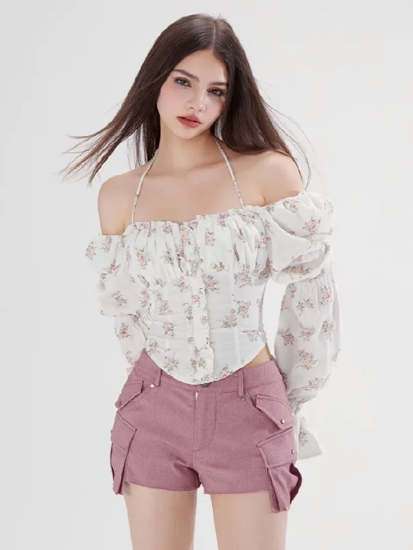 Puff Sleeves Halter Neck Floral Shirt WOO0088-- Fitted T-Shirt Seamless Stretchy