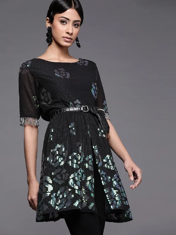 Black Polyester Geometric Dress Tunics Mesh breathable