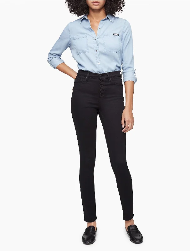 Calvin Klein Solid Button-Down Roll Sleeve Shirt - Women-- Boxy Fit Fitted Loose
