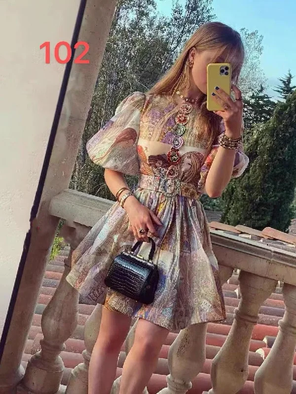 Abstract Vintage flower patch Dress with Belt Tunics Long Elegant