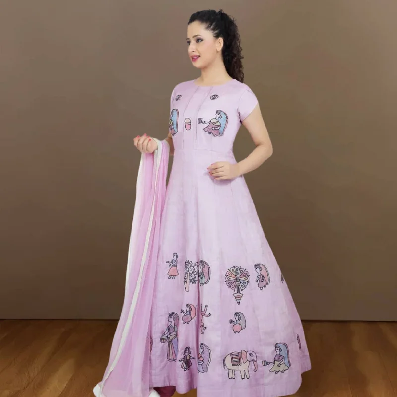 Nitara Tussar Eri Silk Gown | Sujani Hand-Embroidered | Statement Dress | Lilac Tunics Stylish elegant Nitara Tussar Eri Silk Gown | Sujani Hand-Embroidered | Statement Dress | Lilac Tunics Stylish elegant