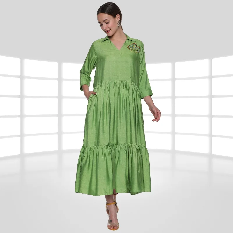Juliane Tier Dress | Hand-Embroidered | Sophisticated Style | Comfy Wear | Green Tunics Chinos classic Juliane Tier Dress | Hand-Embroidered | Sophisticated Style | Comfy Wear | Green Tunics Chinos classic