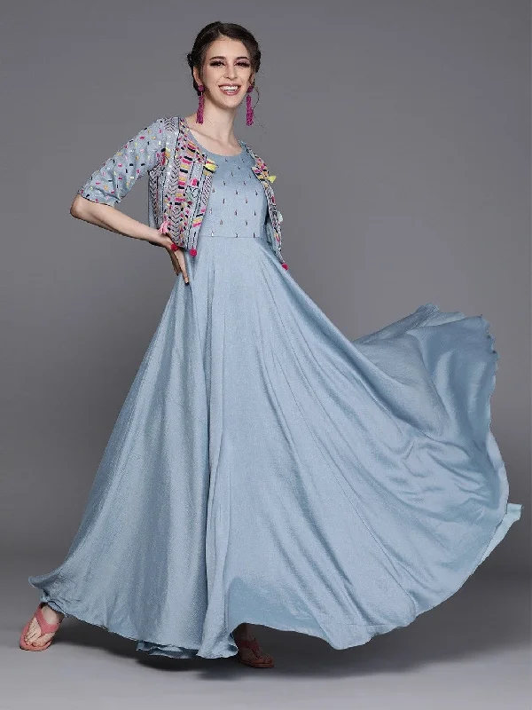 Blue Silk Partywear Embroidered Dress Tunics Office stylish
