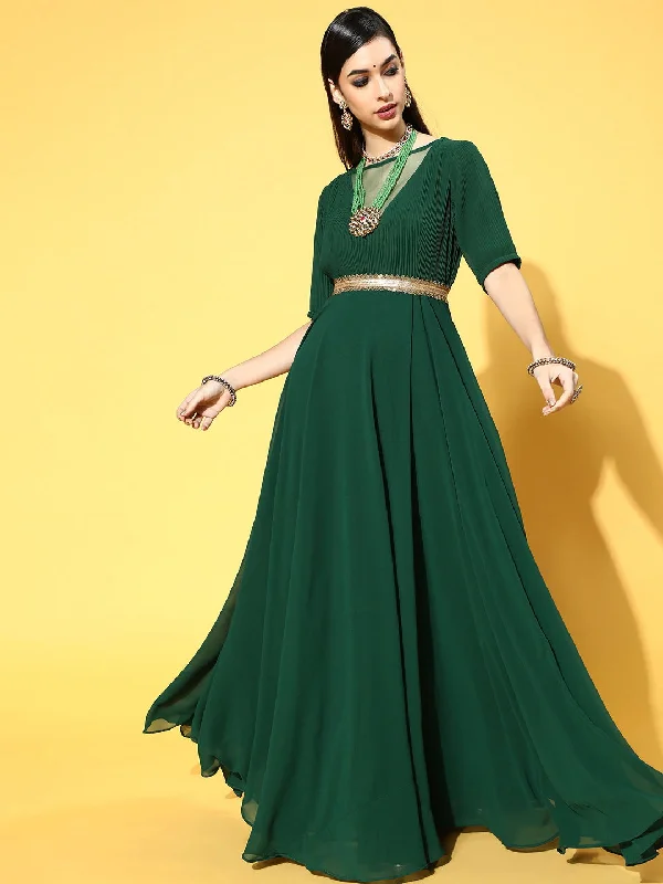 Green Georgette Partywear Self Design Dresses Tunics Review highly