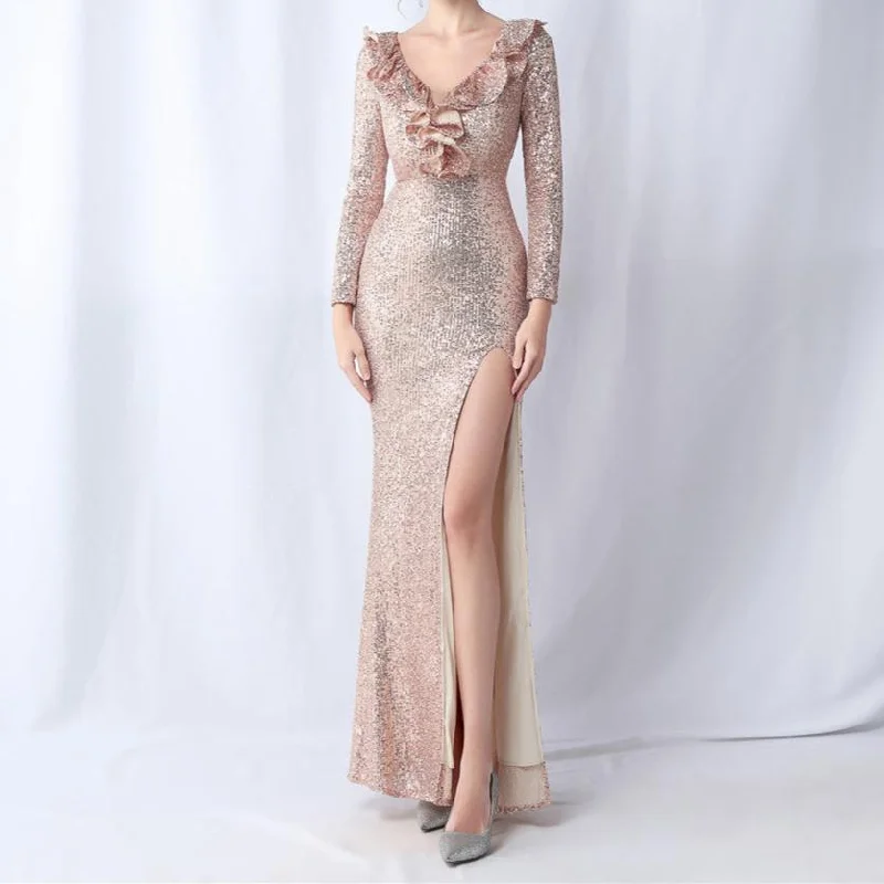 Therese Ruffled Long Sleeve Sequins Dress Tunics Stylish modern